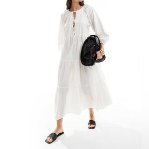 & Other Stories Los Angeles Atelier White Cotton Tie Maxi Dress Long Sleeve XS
